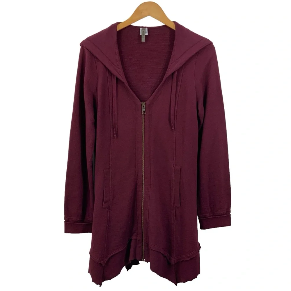 XCVI Size Medium Zip Up Hoodie V-Neck Maroon Burgundy French Terry Sweatshirt F8 - Picture 2 of 10